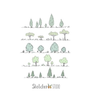 Könnte beinhalten: Handgezeichnete Illustration verschiedener Baumarten in Grün- und Blautönen, angeordnet in Reihen. Das Bild zeigt verschiedene Baumformen, von hohen, schlanken Nadelbäumen bis hin zu abgerundeten Laubbäumen, mit Gras und dem Text "Sketcher Studio".
