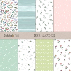 Può includere: Un set di otto motivi di carta digitale con tema giardino delle api. I motivi includono api, fiori, foglie, strisce e pois in una varietà di colori, tra cui verde, blu, rosa e bianco.