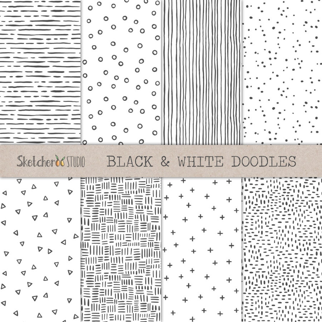 Black & White Doodles • 8 Hand Drawn Seamless Digital Papers ...
