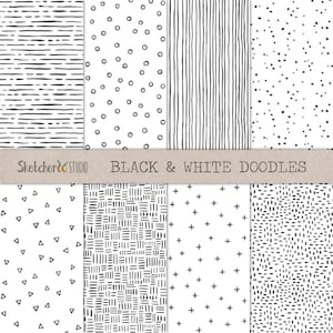 Doodles em preto e branco • 8 papéis digitais perfeitos desenhados à mão • minimalista, scandi