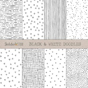 Black & white doodles • 8 hand drawn seamless digital papers • minimalist, scandi