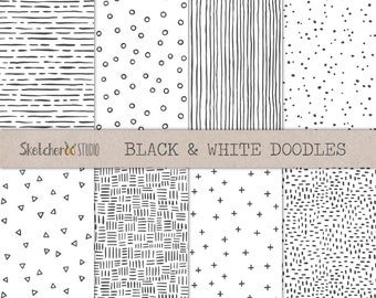 Griffonnages noir et blanc • 8 papiers numériques sans couture dessinés à la main • minimaliste, scandi