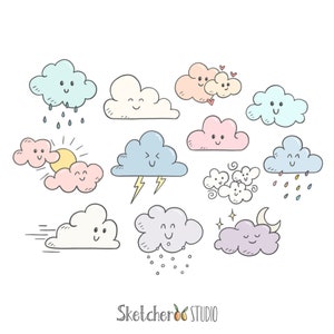 May include: A set of 12 hand-drawn cartoon clouds with different expressions and weather elements. The clouds are in various colors, including blue, pink, yellow, and purple. Some clouds have rain, lightning, snow, stars, and a moon.