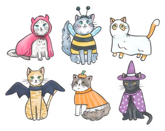 Halloween Katzen Clipart • 6 handgezeichnete digitale Bilder • png, sofortiger download, halloween, Haustiere, Kostüm