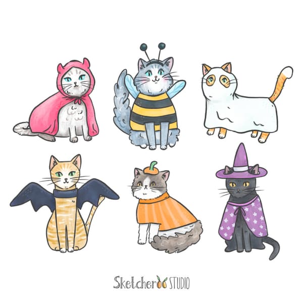 Halloween cats clipart • 6 hand drawn digital images • png, instant download, halloween, pets, costume