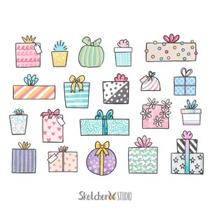 May include: A collection of 19 hand-drawn illustrations of gift boxes in various colors and patterns. The boxes are decorated with bows, ribbons, and other festive details. Some boxes have polka dots, stripes, or floral designs.