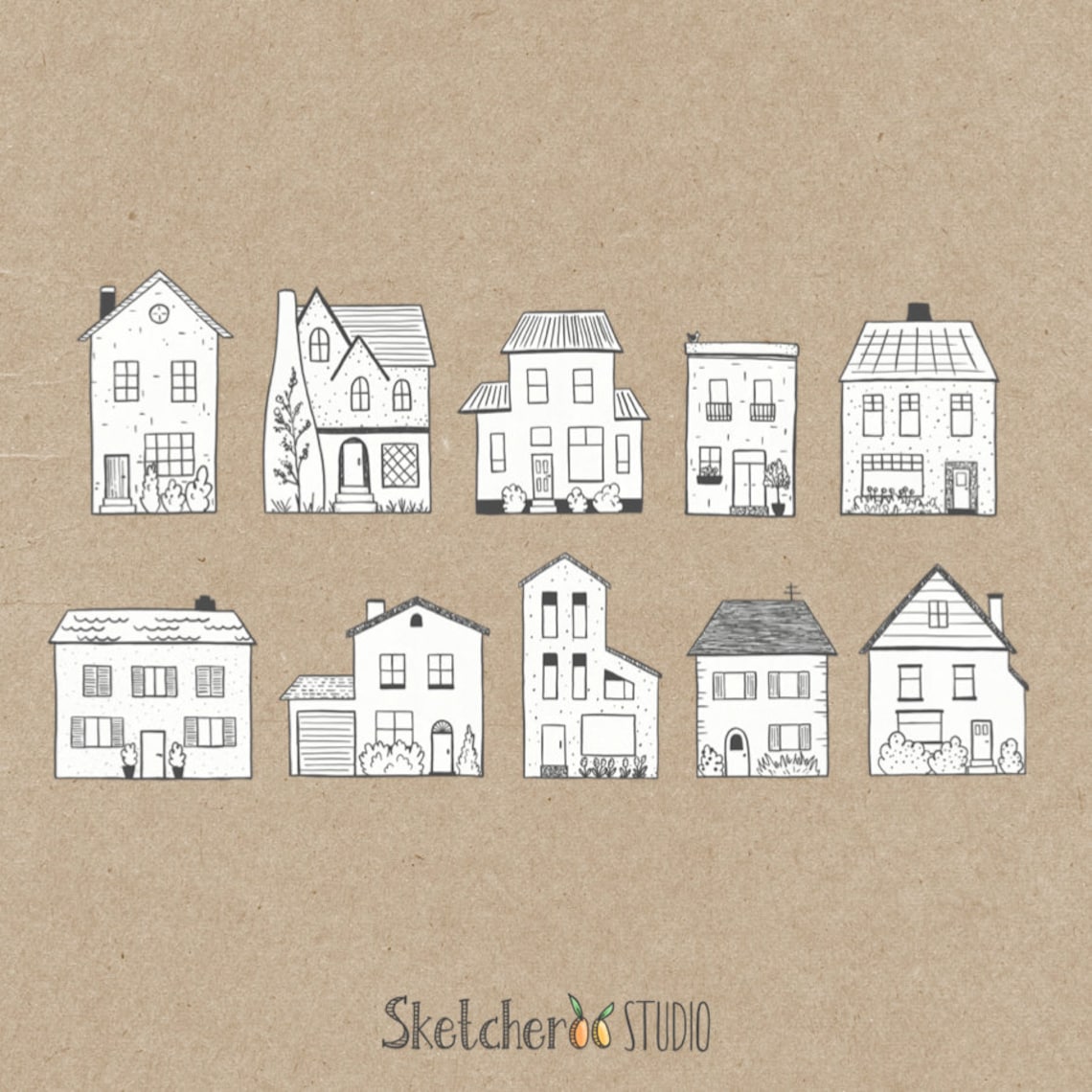 Houses Clipart • 10 Hand Drawn Digital Images • Png, House, Home, Line ...