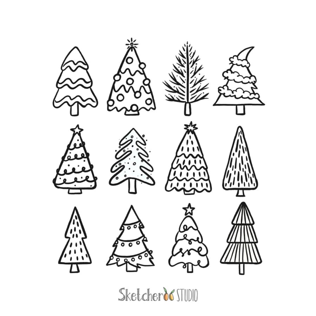 Christmas Tree Clipart, Black & White 12 Hand Drawn Digital Images Png
