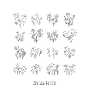 Flower clumps clipart • 16 hand drawn digital images • png, black white, floral, garden, sketches