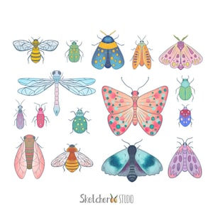 Puede incluir: Una colección de ilustraciones de insectos coloridos, incluyendo mariposas, polillas, abejas y mariquitas. Las ilustraciones están dibujadas en un estilo caprichoso con colores brillantes y detalles intrincados.