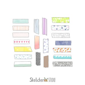 May include: A collection of 14 different washi tapes with various patterns and colors, including stripes, polka dots, hearts, and geometric designs. The tapes are arranged in two rows, with the text "Sketchero STUDIO" at the bottom.