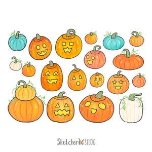 May include: A collection of 17 orange, white, and blue jack-o'-lantern pumpkins with various facial expressions. Some pumpkins have a shiny, glittery finish.