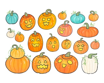Pumpkin & Jack-o-lantern clipart • 18 hand drawn digital images • png, instant download, halloween, jack o’ lantern