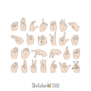 Gebärdensprache hände Clipart • 27 handgezeichnete digitale Bilder • png, american Zeichen, illustriert, deaf