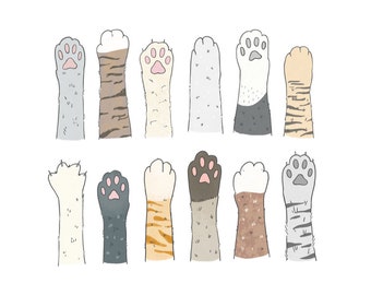 Cat paw clipart • 12 hand drawn digital images • png, cats, paws, cartoon, doodles