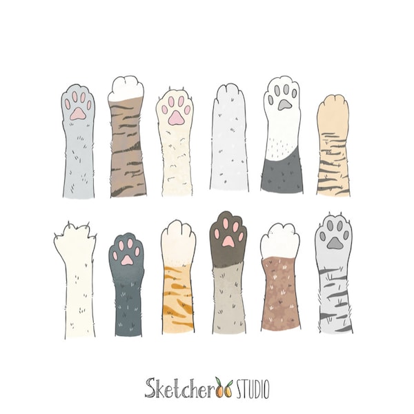 Clipart patte de chat • 12 images numériques dessinées à la main • png, chats, pattes, dessin animé, gribouillages