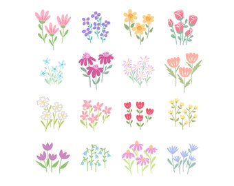 Clipart couleur de touffes de fleurs • 16 images numériques dessinées à la main • png, floral, jardin, crayon, gribouillages