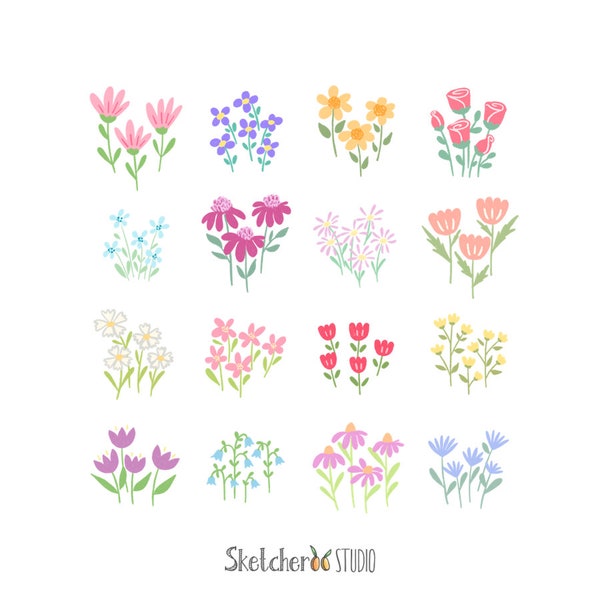 Clipart couleur de touffes de fleurs • 16 images numériques dessinées à la main • png, floral, jardin, crayon, gribouillages