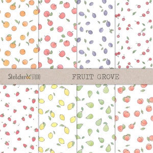 Pomar de frutas • 8 papéis digitais sem costura desenhados à mão • rabiscos, frutas, pomar