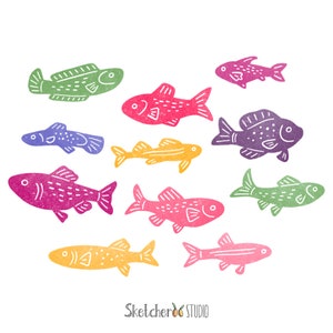 Colourful stamp-style fish clipart • 11 hand drawn digital images • png, ocean, sea life, doodles
