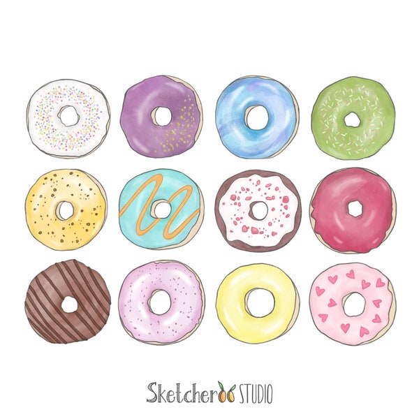 Donuts clipart • 12 hand drawn digital images • png, donut, dessert, treat, illustrated