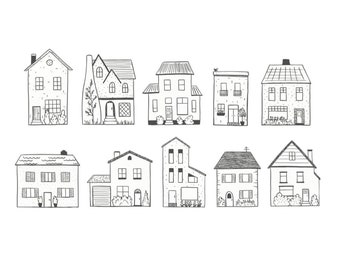 Houses clipart • 10 hand drawn digital images • png, house, home, line art, doodle