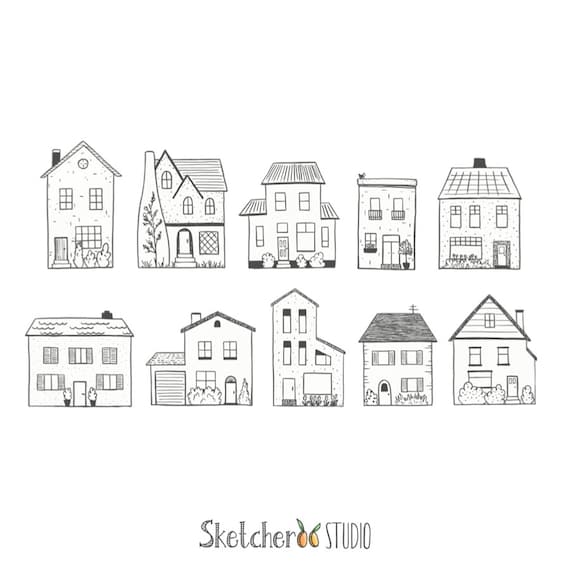 Houses clipart 10 hand drawn digital images with transparent | Etsy