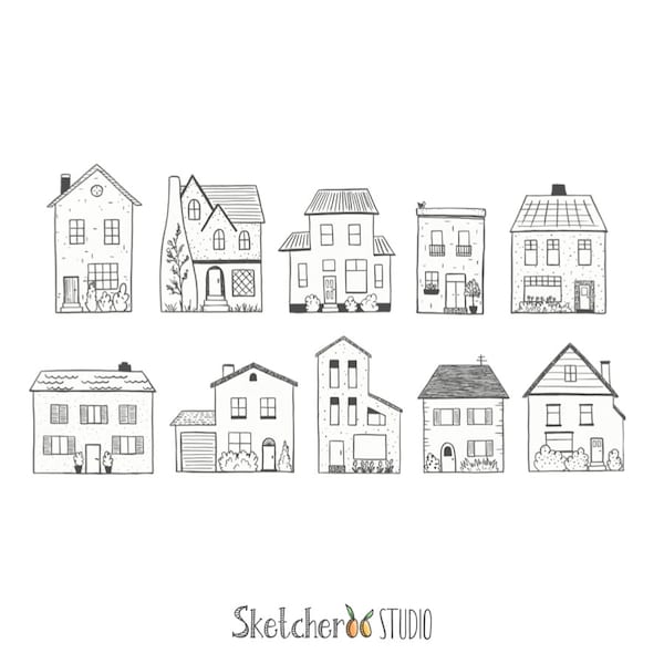 Houses clipart • 10 hand drawn digital images • png, house, home, line art, doodle