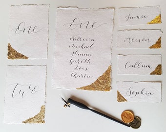 Wedding Stationery On The Day Set -Handmade paper with Gold edge (includes place cards, table plan cards, and table number cards)