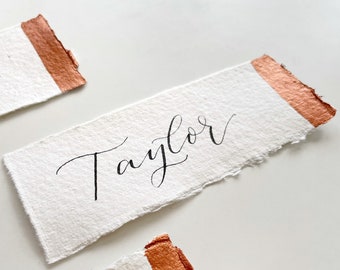 Placecards on Recycled Paper with Copper Edge and Modern Calligraphy for weddings and parties