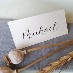 Place Card on Recycled Ivory Fleck Tent Card with Black Custom Calligraphy for Wedding or Party
