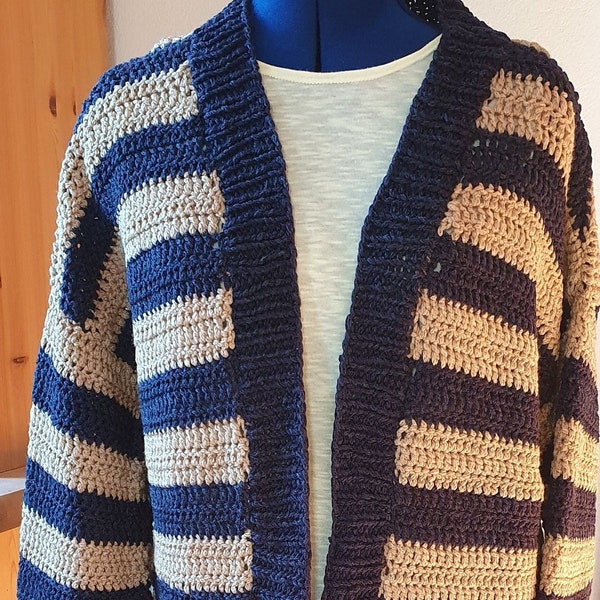 Crocheted cardigan in a striped pattern, blue, beige, made from fine, soft merino wool, without closure, size 40 oversize, long sleeves