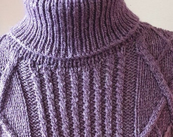 Hand-knitted turtleneck jumper with various cable and diamond patterns in soft, antique-violet winter wool made from pure new wool