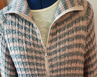 Hand-knitted oversize cardigan in size 40 with batwing sleeves, deep raglan, in a textured pattern in blue-beige stripes made from merino