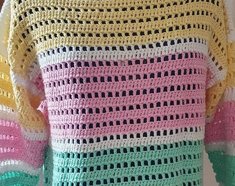 Crocheted summer sweater in beautiful pastel colors with stripes in filet crochet pattern with white stripes and boat neckline made of cotton