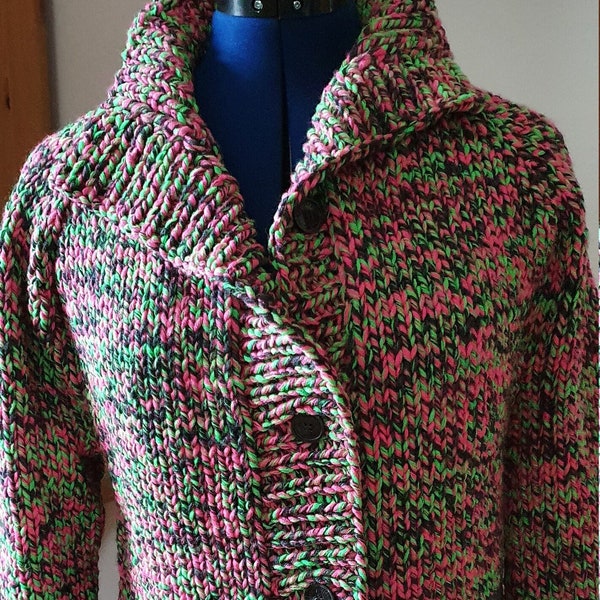 Hand-knitted narrow cardigan with stand-up collar, raglan, buttons in pink/neon green/anthracite mottled, warm, soft new wool blend