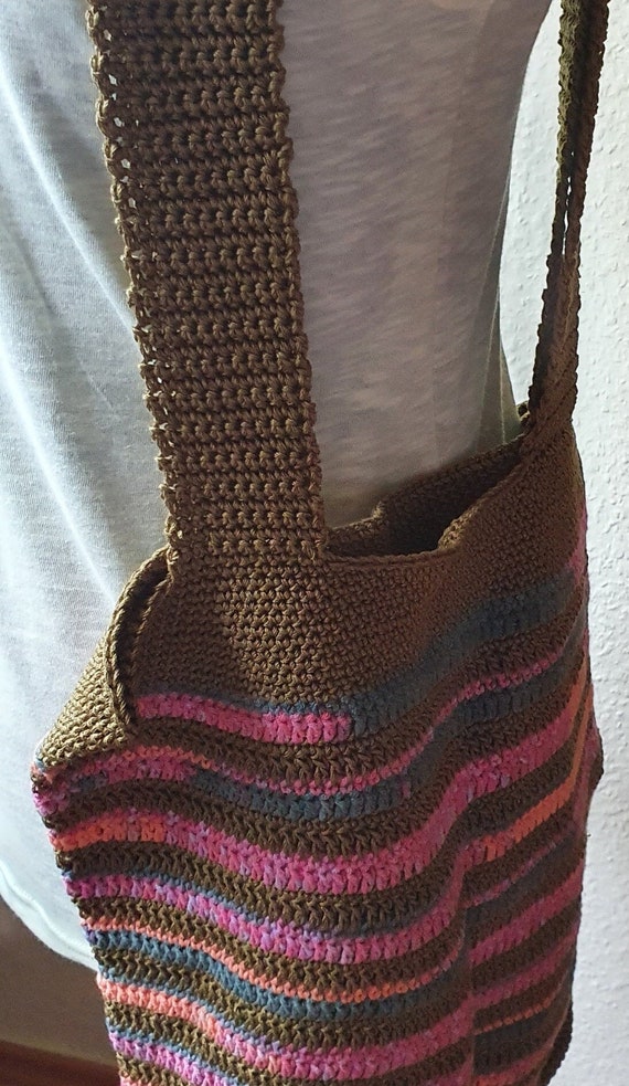 Handcrafted Crochet Striped Bag - Brown and pink Handmade Pink & Brown Crochet Handbag - Etsy main image 2