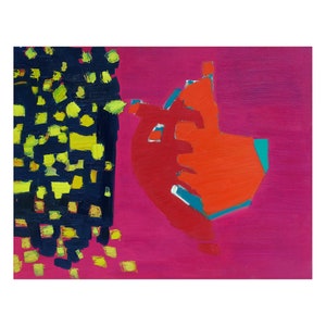 May include: Abstract painting with a black and yellow geometric pattern on the left side and a red, orange, and blue shape on the right side against a pink background.