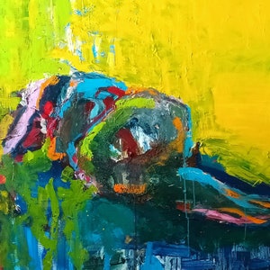 May include: Abstract painting with bold strokes of blue, green, yellow, and pink. The painting has a textured surface and a dynamic composition.