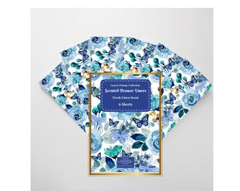 6 x Scented Drawer Liners Blue & Teal Rose Floral - Fresh Linen Scent