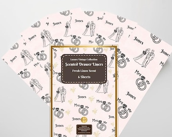 6 x Scented Drawer Liners Mr & Mrs Personalised Wedding gift with Fresh Linen Scent
