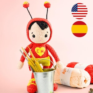 Amigurumi-mönster för El Chapulín Colorado-virkning | PDF-mönster med foton | Engelska och spanska | Amigurumi-figurer från Chespirito