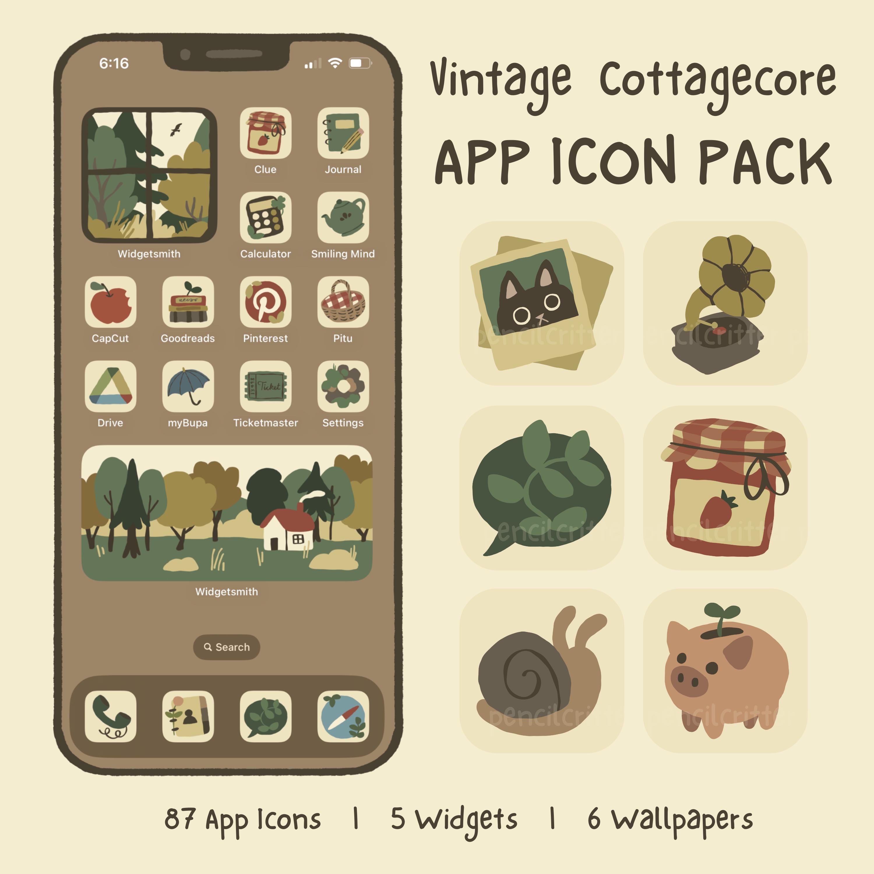 Iconos de aplicaciones de estilo Cottagecore vintage / Estética acogedora de bosque otoñal / Tema de teléfono dibujado a mano / iOS Android