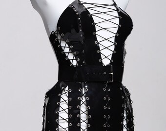 Dark vinyl lace-up dress