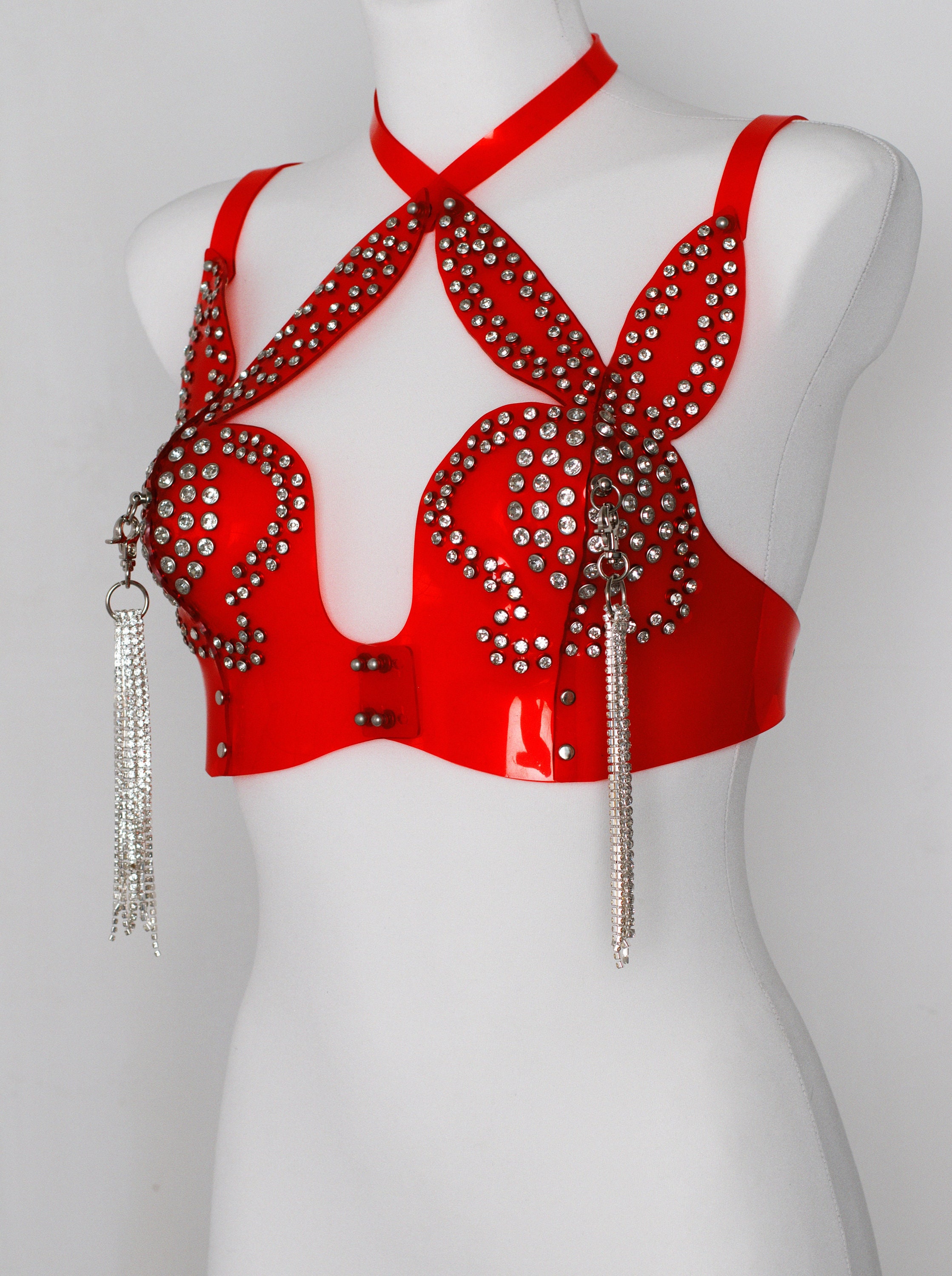 Ruby Red Rhinestone Beaded Bustier Bralette Corset Black Friday