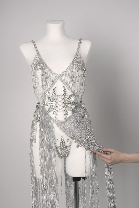 silver vinyl dress Valeska Silver Foil Plunging Sheath Maxi Dress XS / 2