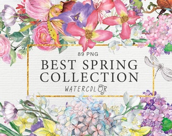 Flores de verano en acuarela para Adobe Illustrator y Photoshop - Conjunto de diseño - Más de 70 elementos dibujados a mano - Archivos PNG, PSD - Rosa, Lilas