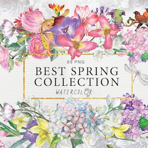 May include: Watercolor illustration of a collection of spring flowers, including hydrangeas, lilacs, daffodils, and roses. The image includes the text "Best Spring Collection Watercolor".