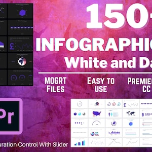Puede incluir: Un diseño gráfico que presenta "150+ INFOGRAPHICS White and Dark" con el logotipo de Premiere Pro. La imagen muestra varios elementos de visualización de datos, incluidos gráficos y mapas, en esquemas de color oscuros y blancos. También está presente el texto "Easy Duration Control With Slider".
