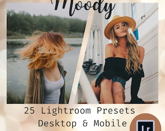 25 Moody Lightroom Presets for Mobile and Desktop /Cinematic, Color Correction, Grading LUTs, Clean Lifestyle, Instagram filter summer, Pack